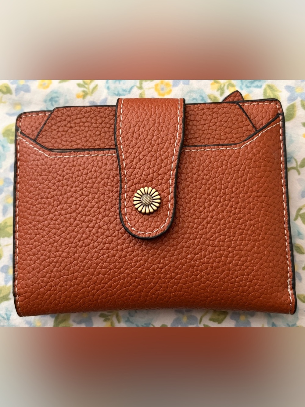 Women's Tan Leather Wallet with Floral Button Accent - NWOT